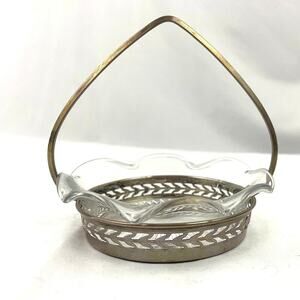 VTG Etched Cut Glass Candy Dish Small Basket Holder Sterling J44